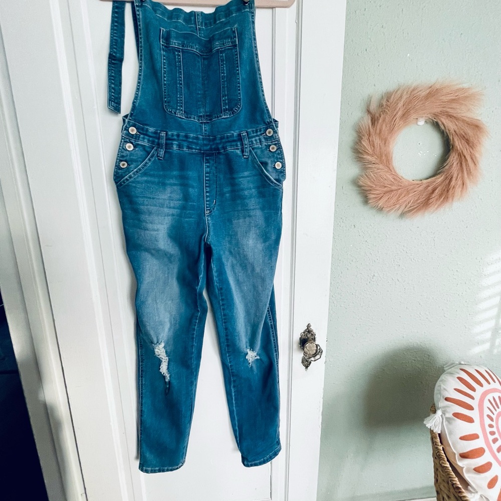 KanCan Medium Wash Blue Distressed Women's Denim Overalls - Picture 2 of 7